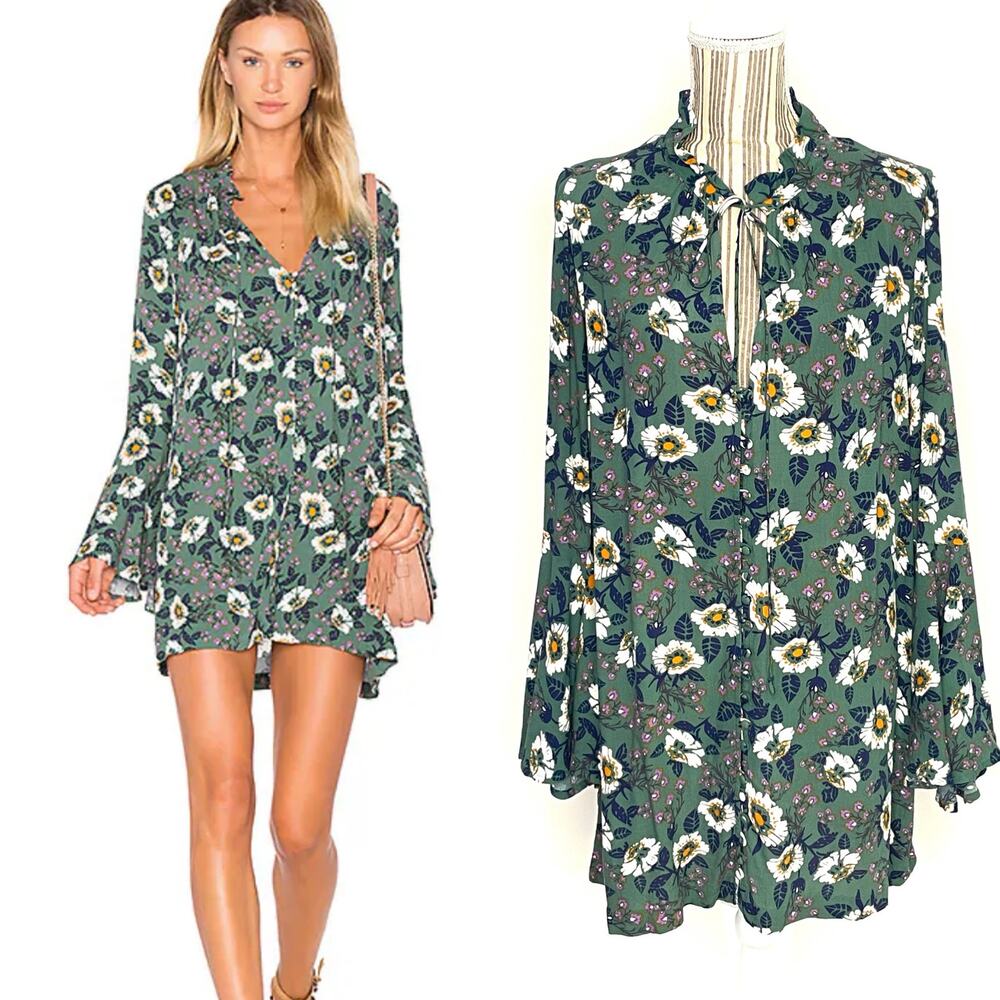 Free People Green Magic Mystery Floral Button Front Tunic Dress Size Small